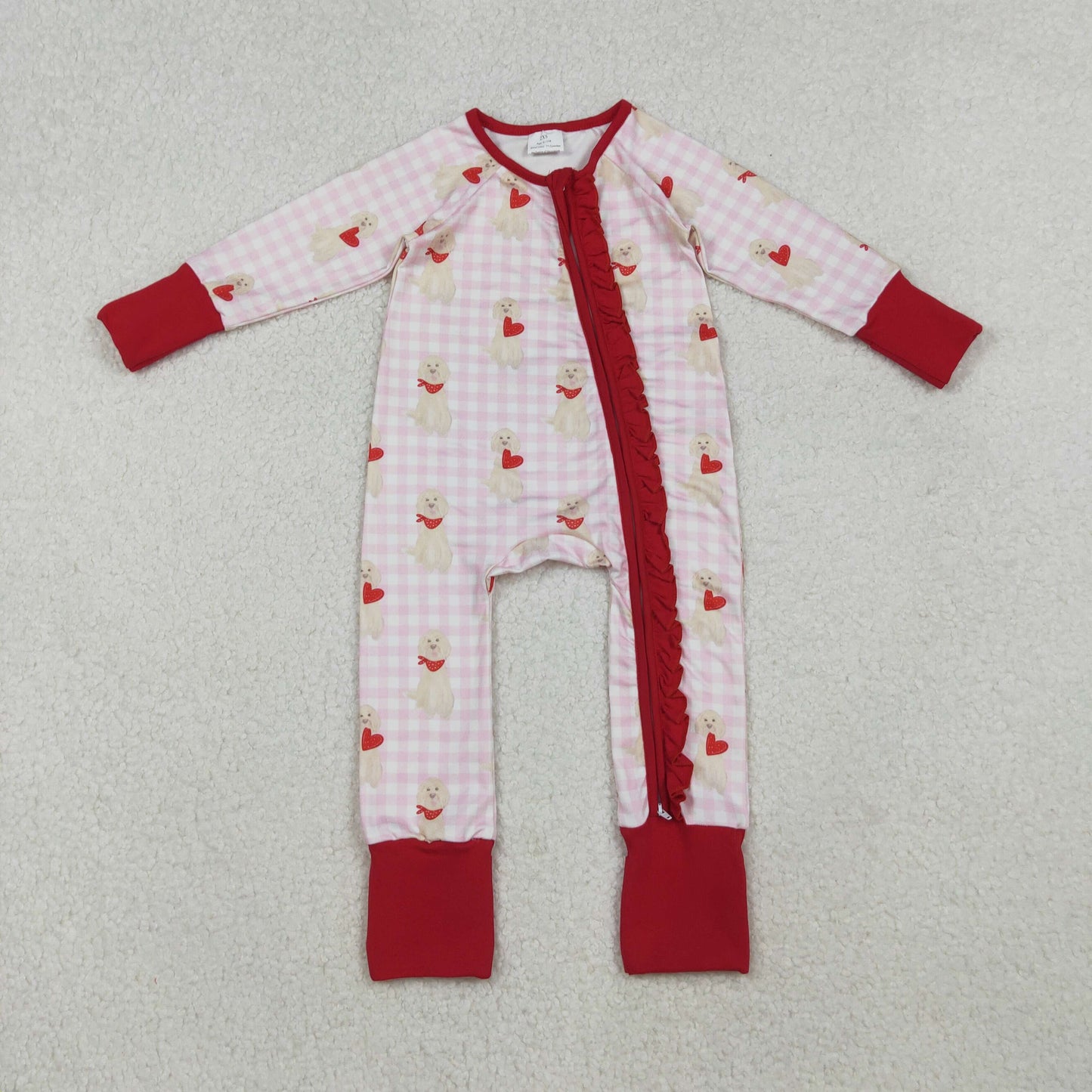 Baby Infant Girls Dogs Hearts Plaid Valentine's Day Zipper Footie Sleeper Romper RTS