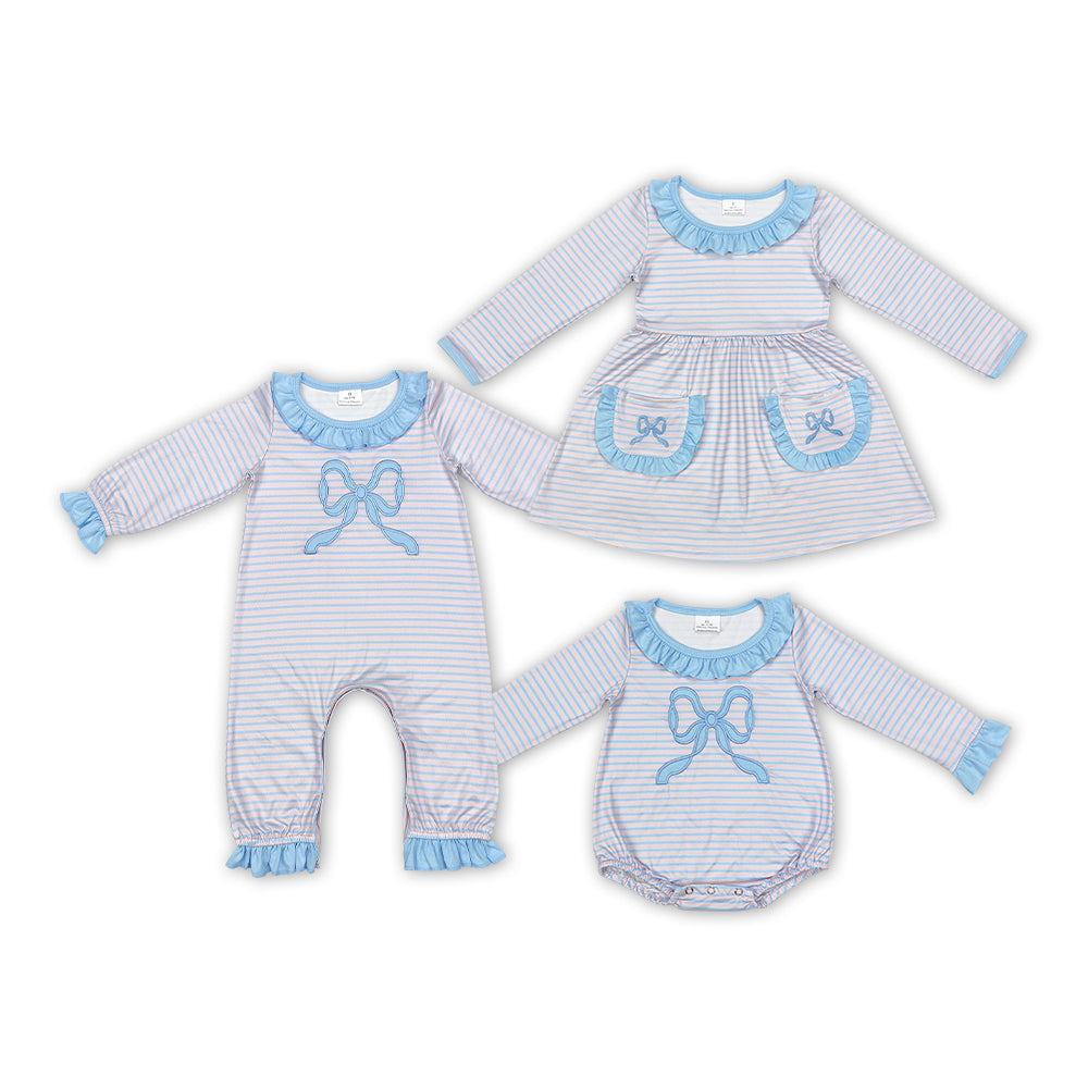 Baby Girl Long Sleeves Embroidery Bow Stripes Sibling Sister Romper Dress Clothes