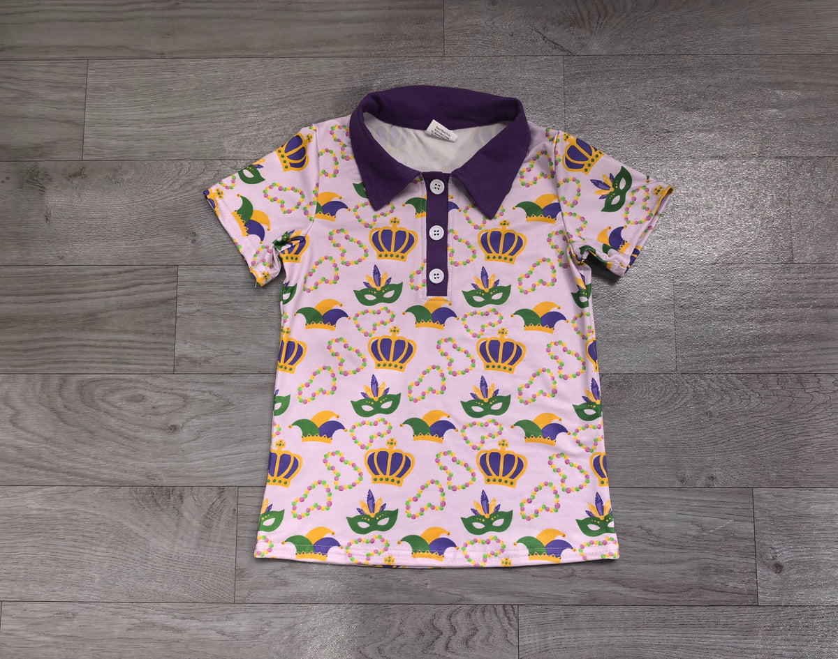 ( No moq ) Preorder Baby Boys Kids Short Sleeves Masks Buttons Mardi Gras Shirt Tops Clothes
