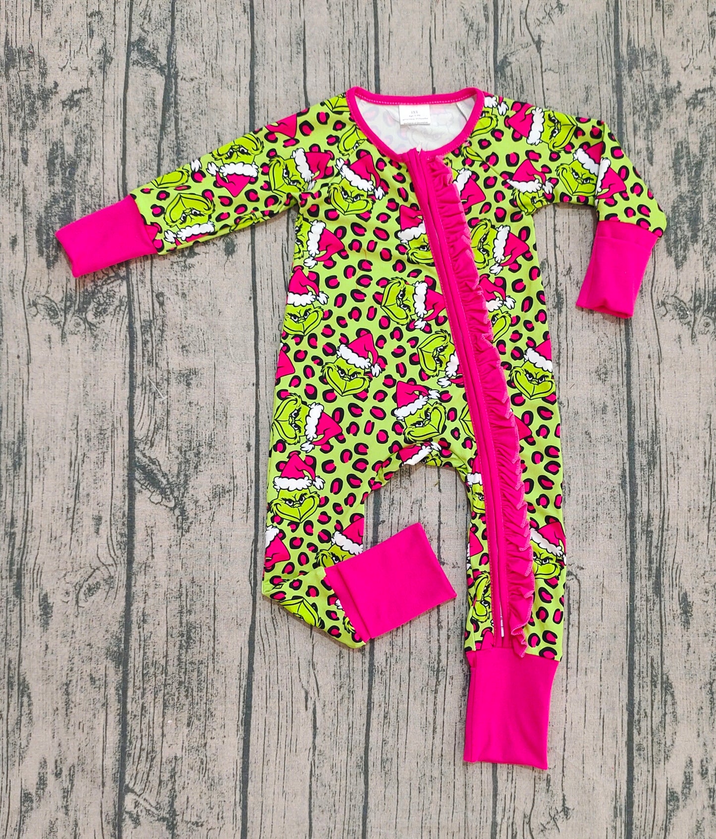 Baby Girl Fur Long Sleeves Green Face Leopard Christmas Red Zipper Pajamas Romper RTS