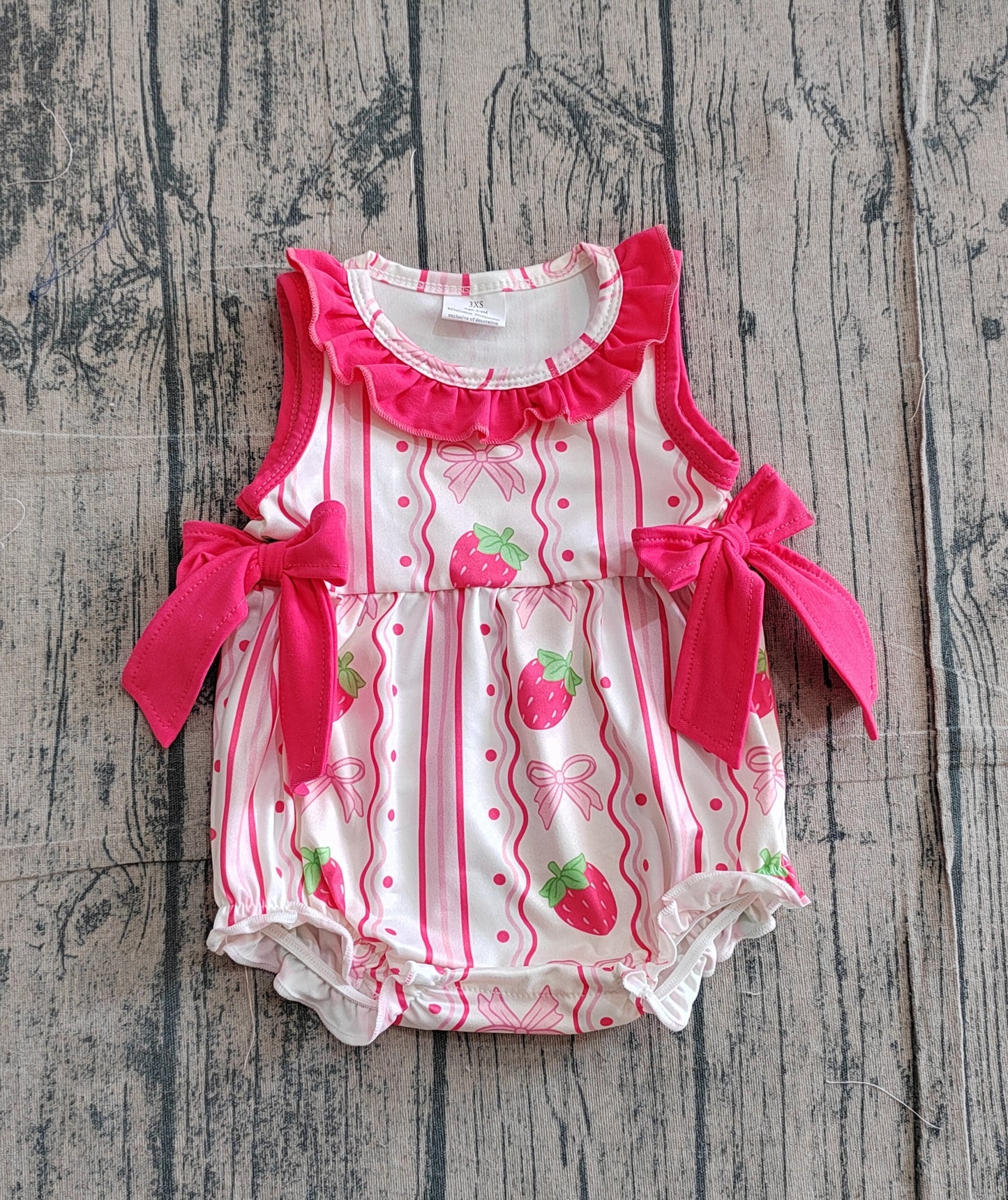 Baby Girls Infant Sleeveless Strawberry Pink Bows Bubble Romper RTS