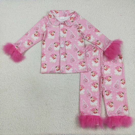 Baby Girl Fur Long Sleeves Santa Christmas Buttons Shirt Pants Pink Pajamas Clothes Set RTS