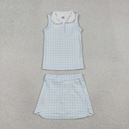 Baby Girls Sleeveless Blue Plaid Buttons Tops Skirt Shorts Yoga Clothes Set RTS