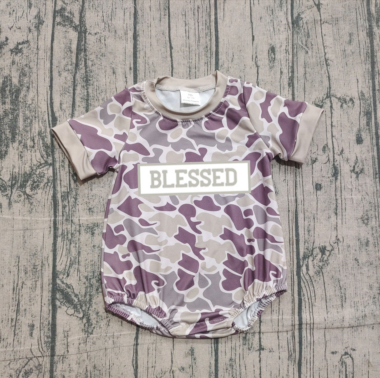 ( No moq ) Preorder Boys Infant Short Sleeves Embroidery Blessed Camo Bubble Romper