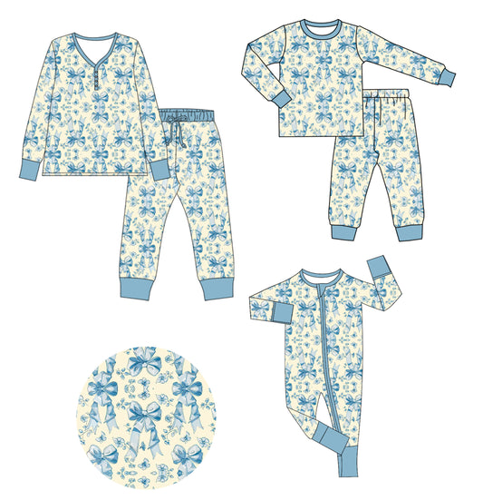 ( Moq 5 Each Style ) Baby Girl Adult Women Blue Flower Bows Sibling Mommy And Me Family Romper Pajamas Set