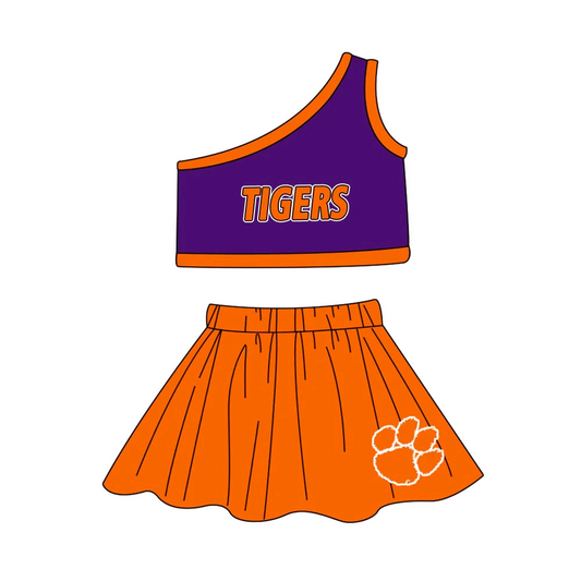 Baby Girl One Shoulder Tigers Team Shirt Skorts Clothes Cheer Set ( Moq 5 )