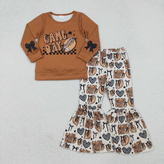 Baby Girl Long Sleeves Game Day Brown Shirt Football Bows Pants Set RTS