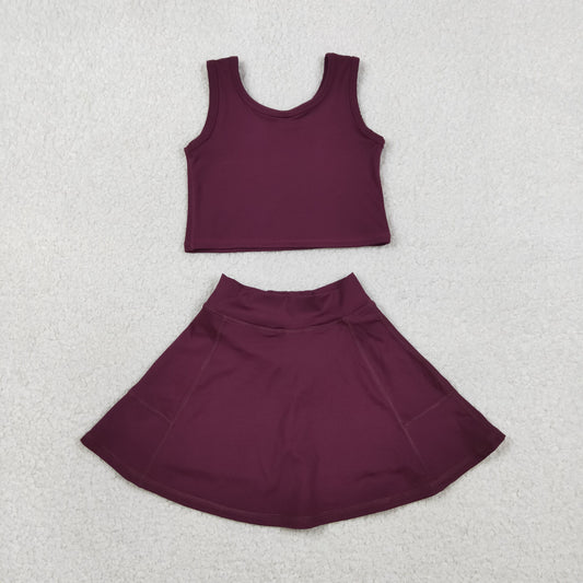Baby Girls Kids Sleeveless Dark Red Tops Shorts Skirt Yoga Active Set RTS