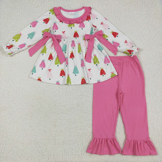 Baby Girl Long Sleeves Bows Trees Tunic Pink Ruffle Pants Christmas Set RTS