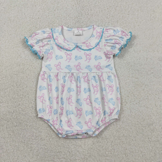 Baby Girls Infant Short Sleeves Rabbits Bows Easter Bubble Romper RTS