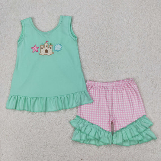 Baby Girl Sleeveless Embroidery Castle Shell Tops Checked Ruffle Shorts Clothes Set RTS