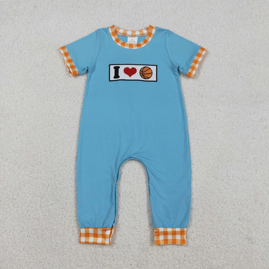 Baby Boys Short Sleeves Embroidery I Love Basketball Blue Romper RTS