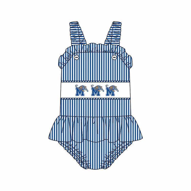 ( Moq 5 ) Baby Girls Kids Sleeveless Blue Stripes Tiger Team Ruffle Bubble Romper