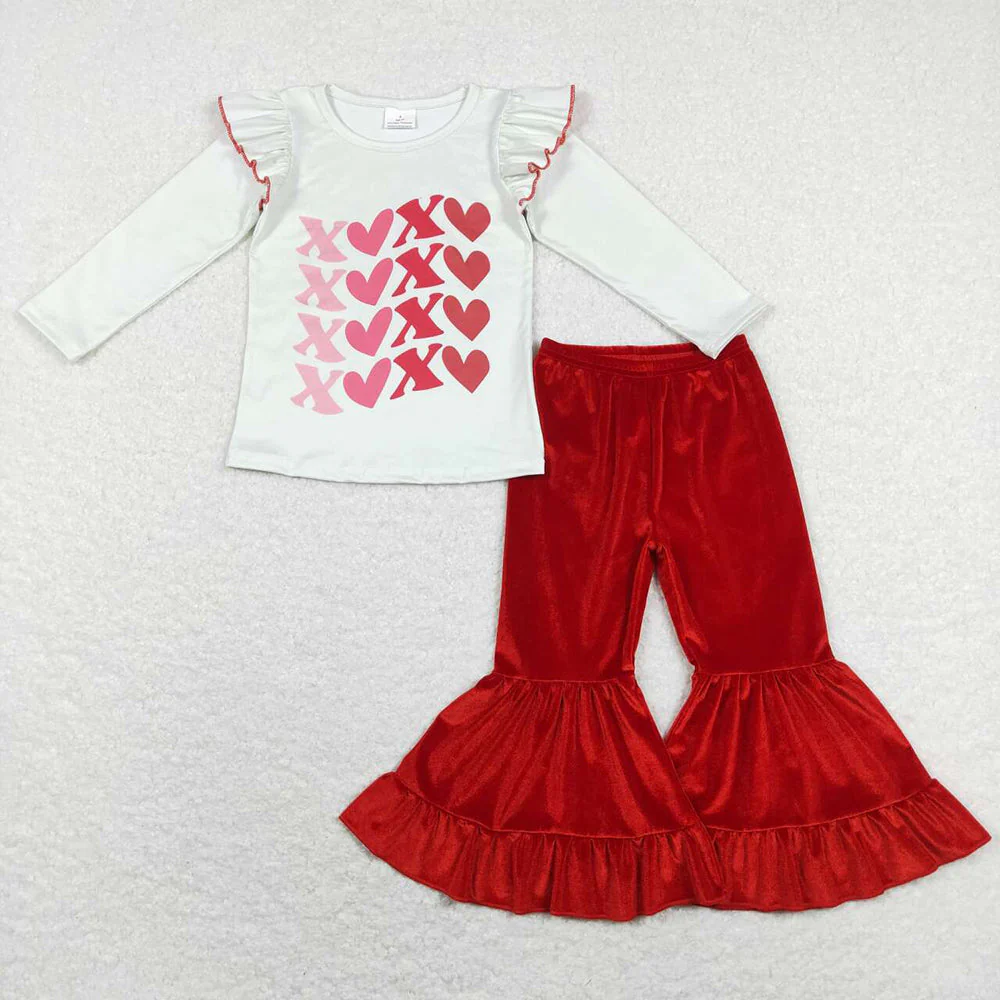 Baby Girl Long Sleeves Valentines Shirt Velvet Bell Pants Sibling Clothes Outfit
