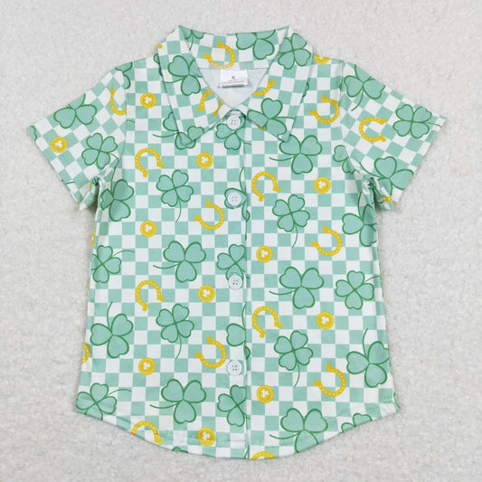 BT0543 Baby Boy Short Sleeves Green Plaid Buttons St. Patrick's Day Shirt