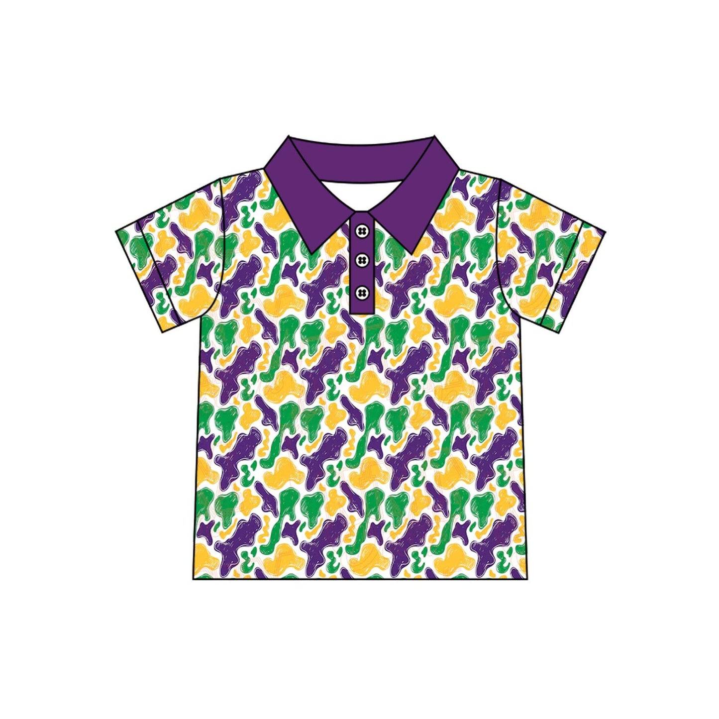 ( Moq 5 ) Preorder Baby Boys Kids Short Sleeves Buttons Camo Shirt Tops Mardi Gras Clothes