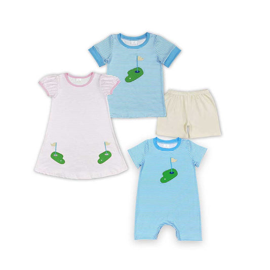 Baby Boy Girl Short Sleeves Embroidery Golf Stripes Sibling Romper Dress Set Clothes RTS