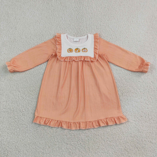 Baby Girls Kids Embroidery Pumpkins Plaid Knee Length Fall Dress Clothes RTS