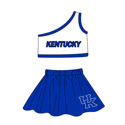 Baby Girl One Shoulder Cheer Team Shirt Blue Skorts Clothes Set ( Moq 5 )