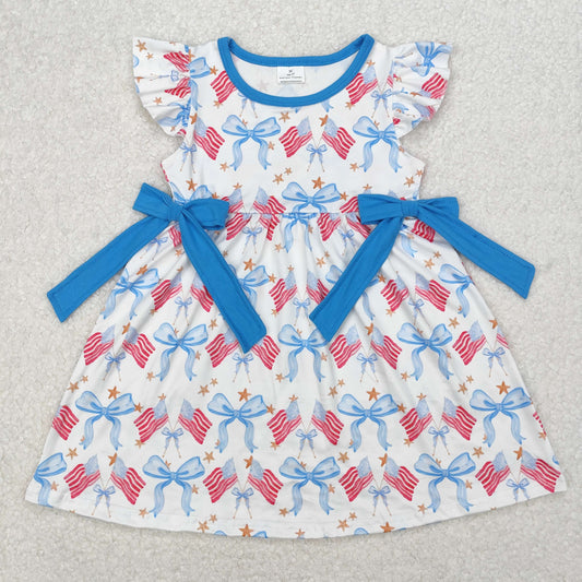 Baby Girl Short Sleeves July 4th Bows Flags Knee Length Dress RTS