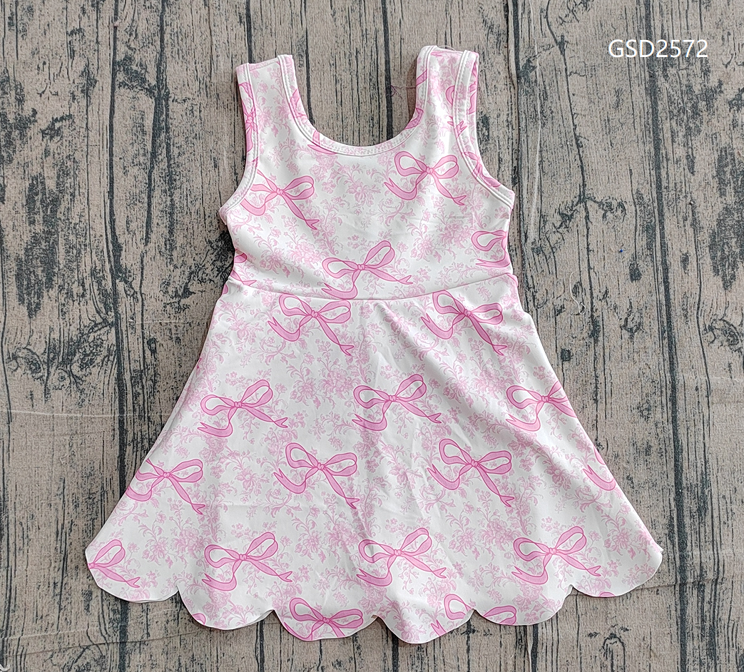 Baby Girls Kids Sleeveless Pink Bows Floral Scallop Yoga Knee Length Dress RTS
