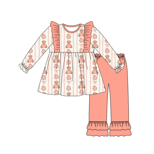 ( Moq 5 ) Preorder Baby Girls Kids Bear Bows Flower Tunic Ruffle Pants Set Clothes