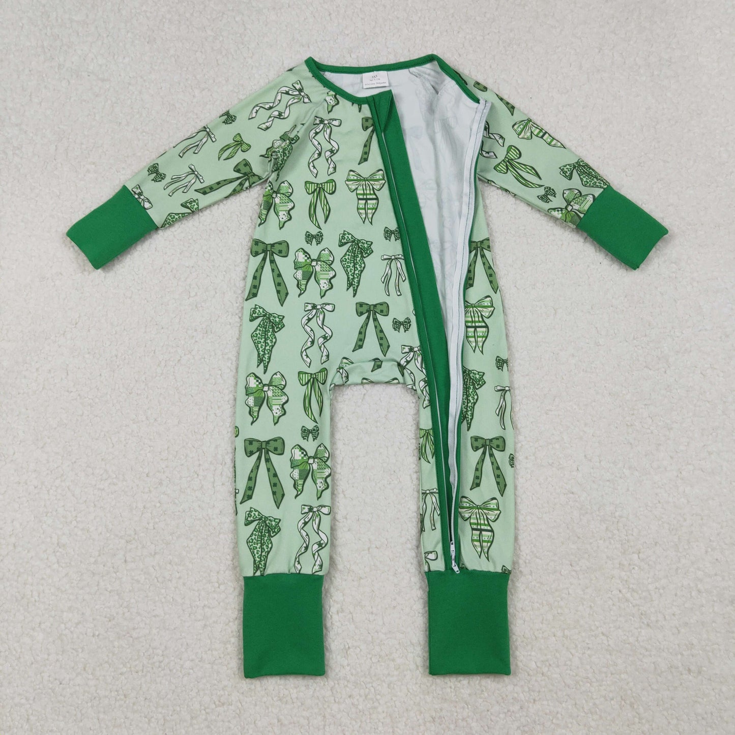 Girls Infant Long Sleeves Green Clovers Bows Zipper St Patrick Footie Sleeper Romper