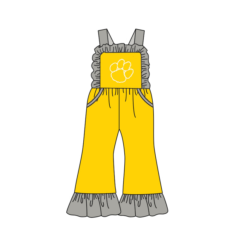 Baby Girl Straps Paw Team Pockets Ruffle Pants Yellow Jumpsuit ( Moq 5 )