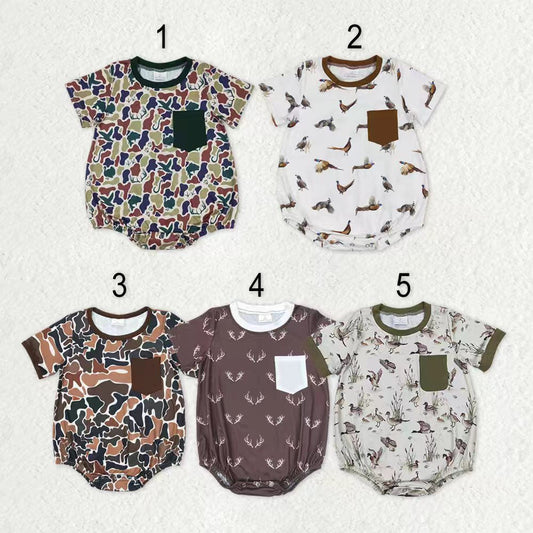 Sibling Baby Boys Kids Short Sleeves turkey Dogs Ducks Deer Camo Hunting Pocket Rompers RTS