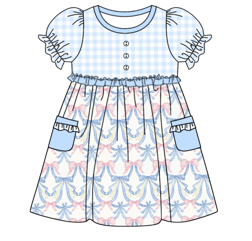 Baby Girl Short Sleeves Bows Plaid Blue Sibling Romper Dress Clothes Set ( Moq 5 Each Design )