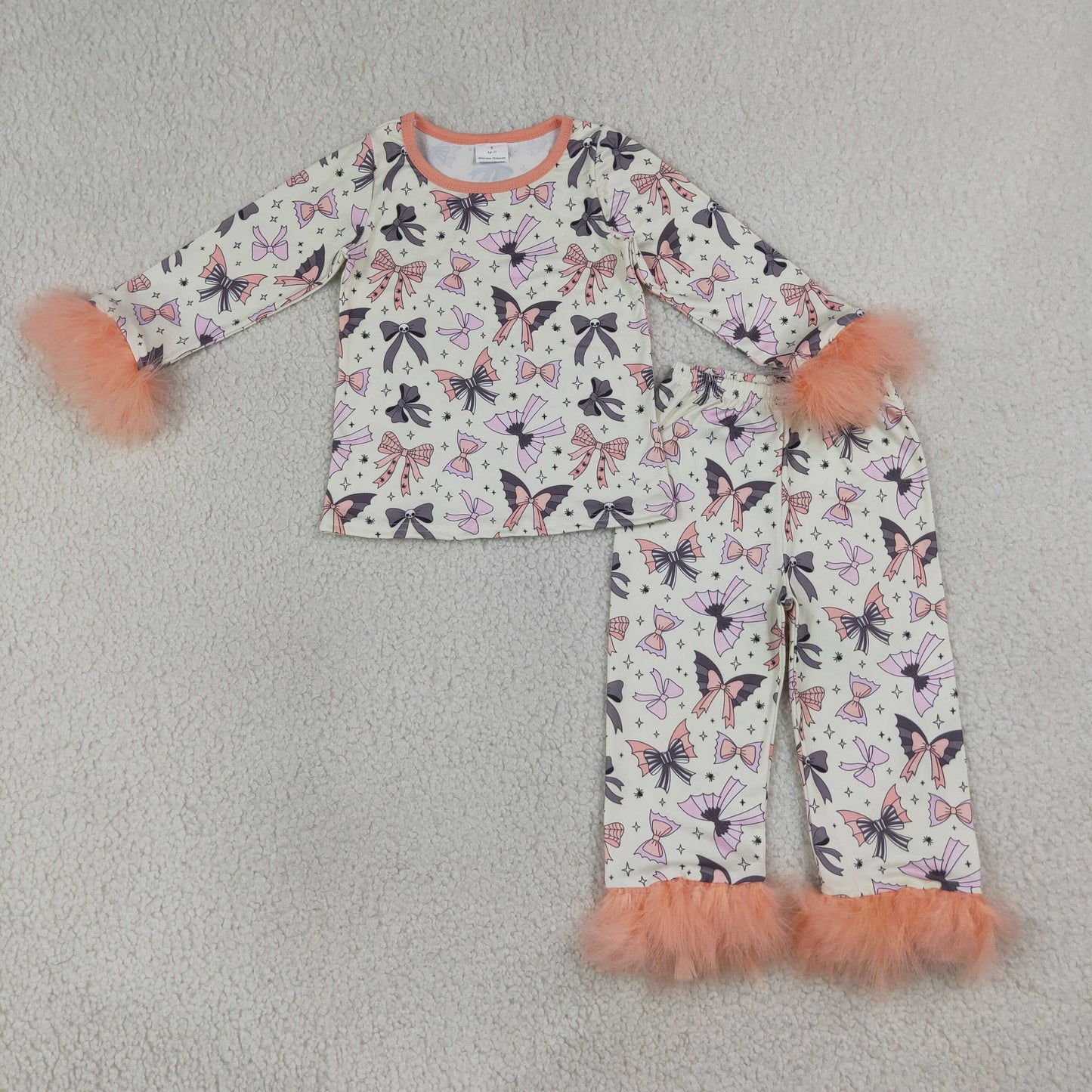 Baby Girls Kids Fur Long Sleeves Bows Shirt Pants Set Pajamas Halloween Clothes RTS