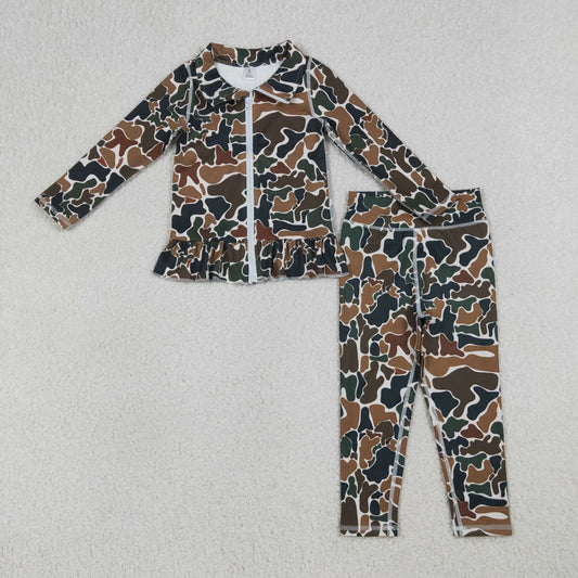 Baby Girls Kids Brown Camo Zipper Ruffle Cardigan Leggings Pants Yoga Active Outfit RTS
