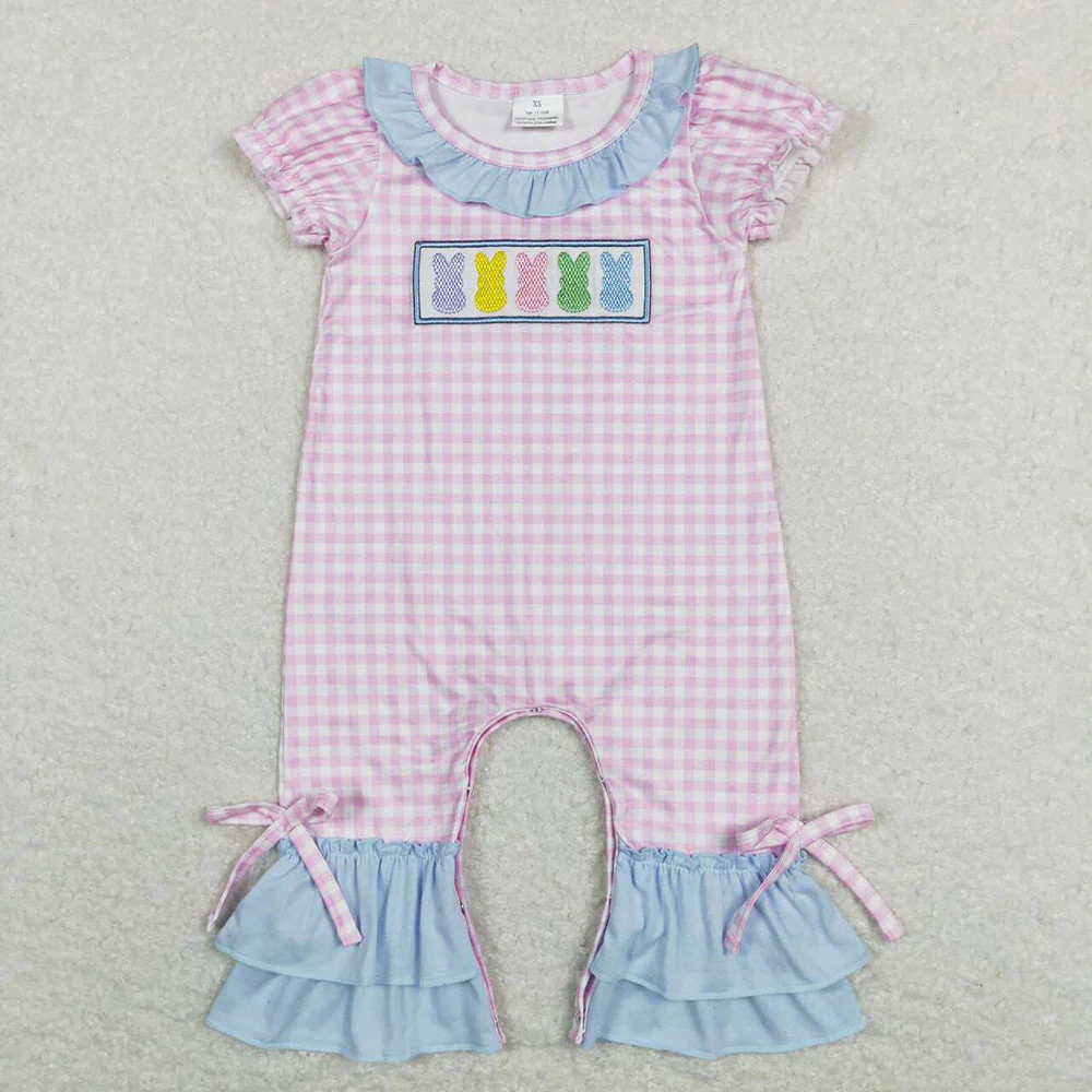 Baby Boy Girl Infant Short Sleeves Embroidery Easter Rabbits Sibling Romper