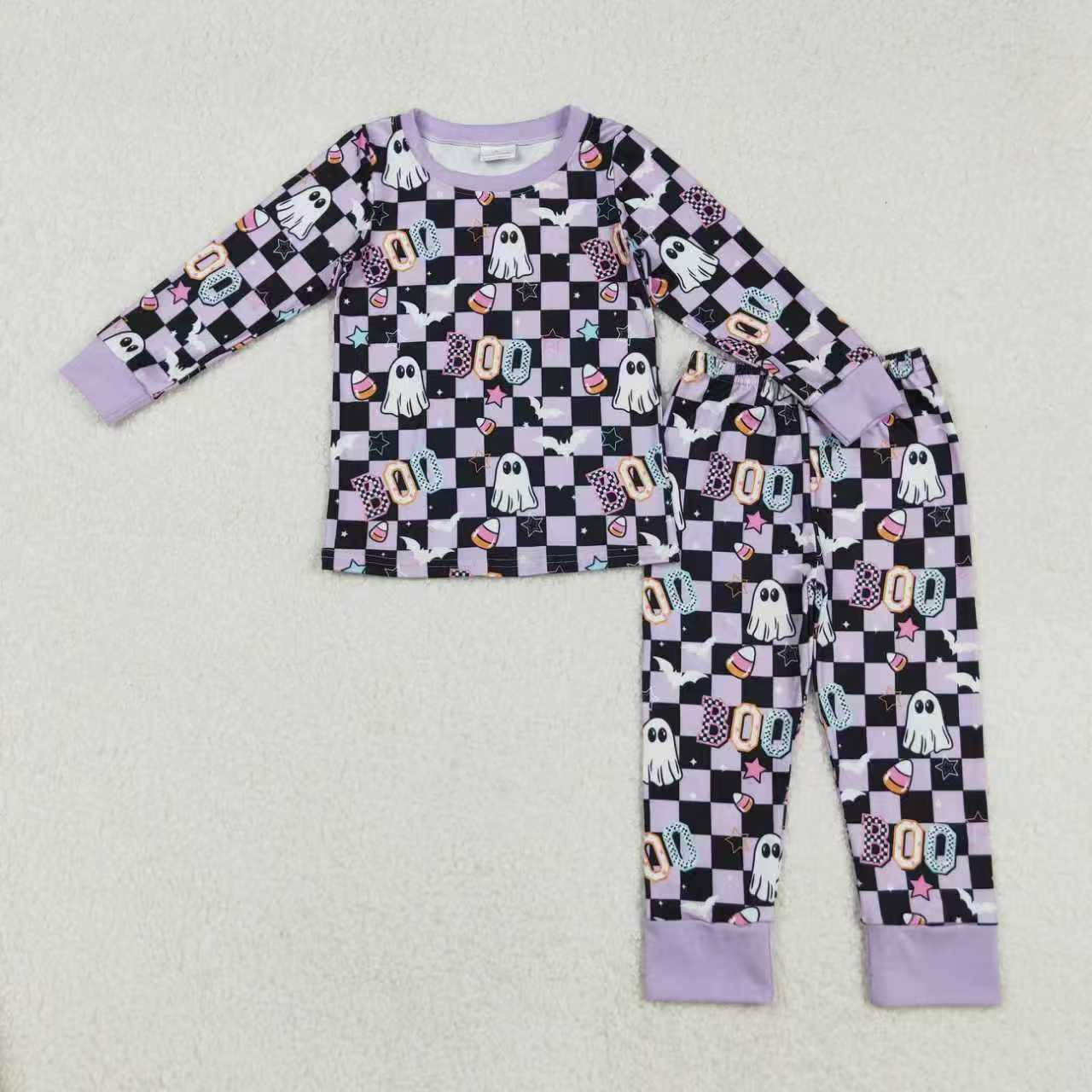 Sibling Girls Kids Long Sleeves Ghost Candy Plaid Halloween Purple Pajamas Footie Romper Set RTS