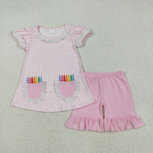 Baby Girl Short Sleeves Pencil Pockets Plaid Tunic Pink Short Back To School Set RTS