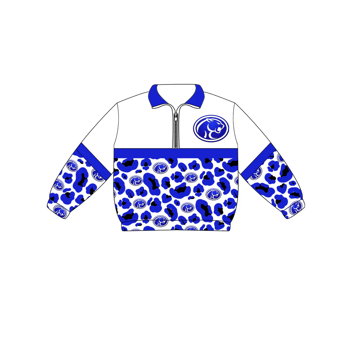 ( Moq 5 ) Baby Girls Kids Long Sleeves Blue Leopard Team Zipper Pullover Shirt Clothes