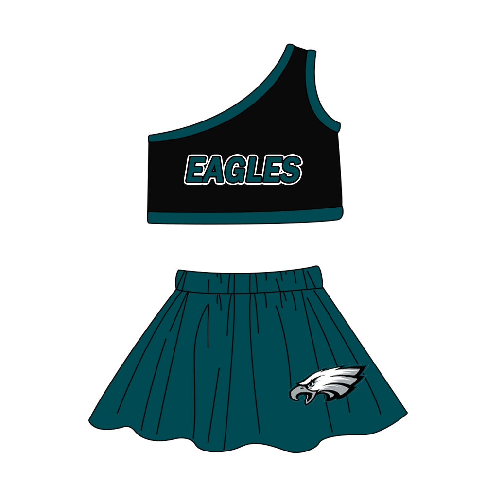 Baby Girl One Shoulder Team Shirt Green Skorts Clothes Cheer Set ( Moq 5 )