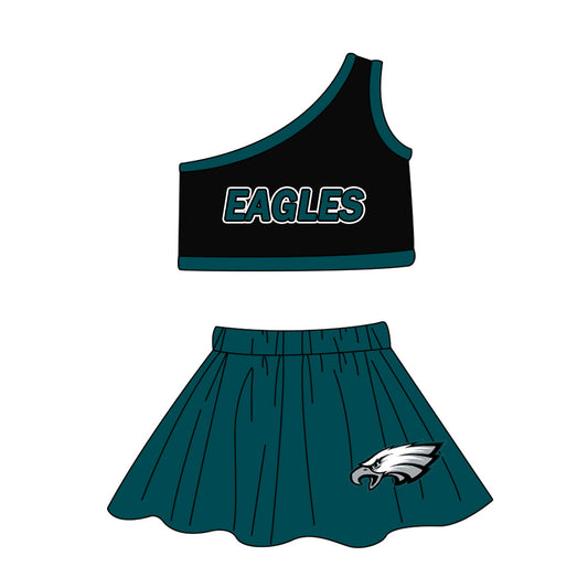Baby Girl One Shoulder Team Shirt Green Skorts Clothes Cheer Set ( Moq 5 )