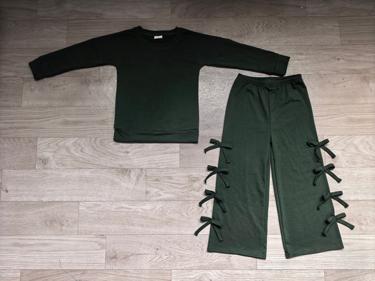 ( No moq ) Preorder Baby Girls Kids Long Sleeves Green Shirt Bows Pants Set Cotton Clothes