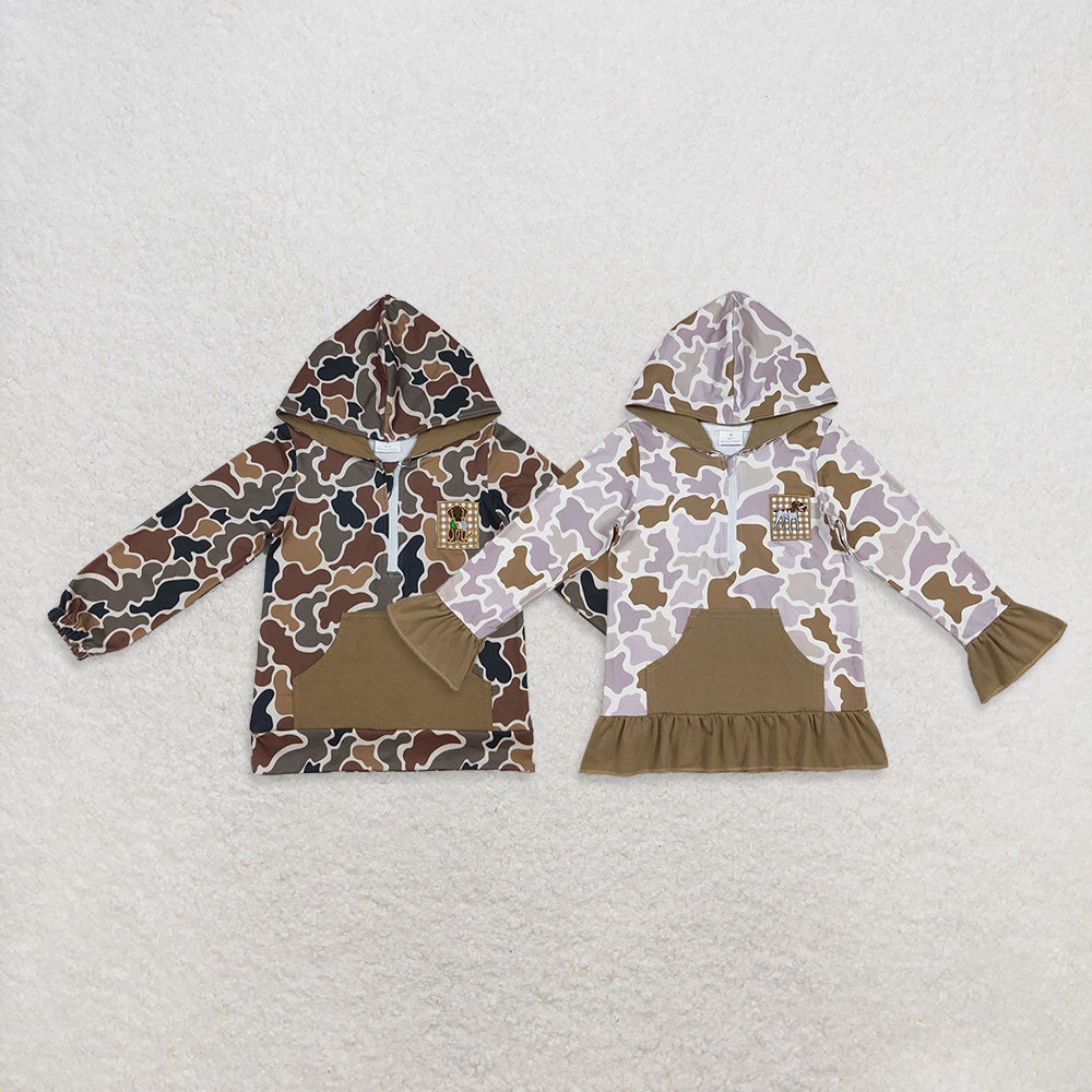 Sibling Boys Girls Kids Long Sleeves Embroidery Dog Duck Hoodie Zipper Camo Shirt RTS