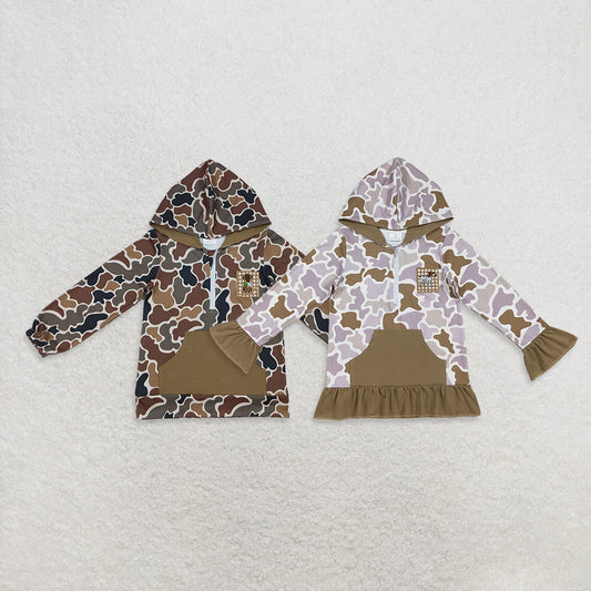 Sibling Boys Girls Kids Long Sleeves Embroidery Dog Duck Hoodie Zipper Camo Shirt RTS