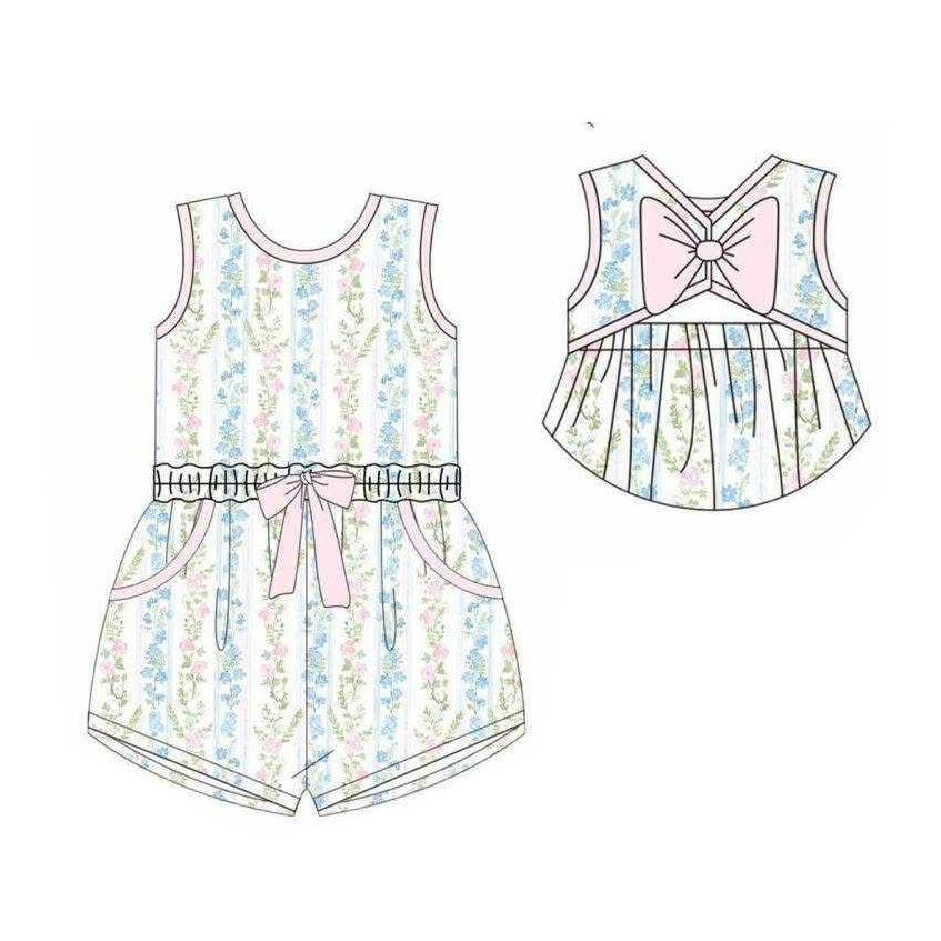 ( Moq 5 ) Preorder Baby Girls Kids Sleeveless Floral Stripes Bows Pockets Shorts Jumpsuit