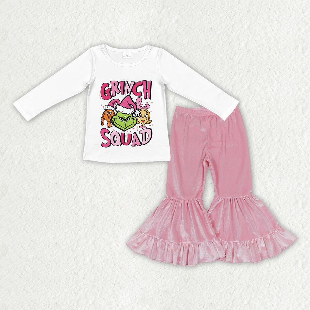 Baby Girls White Long Sleeves Green Face Shirt Pink Velvet Pants Christmas Clothes Set RTS