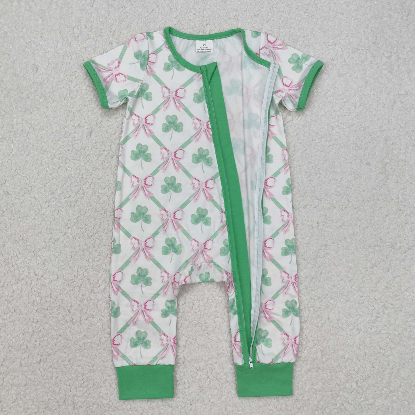 Baby Girl Infant Short Sleeves St Patrick Bows Zipper Romper