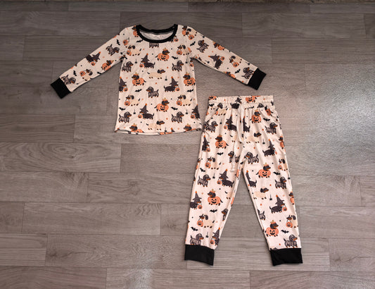 ( No moq ) Preorder Baby Boys Kids Long Sleeves Halloween Shirt Dogs Pumpkins Pockets Pants Set Clothes
