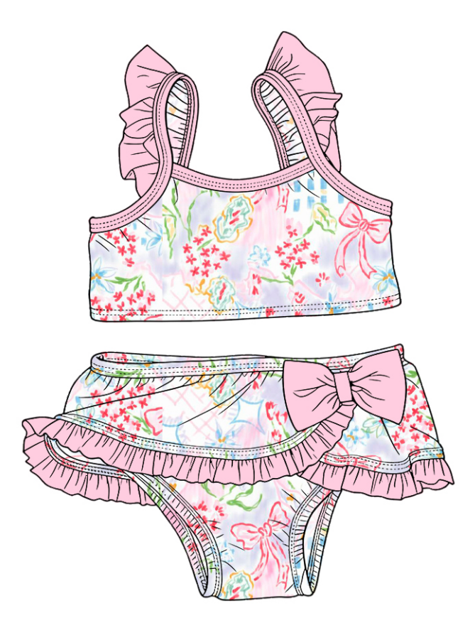 ( Moq 5 Each Style ) Sibling Baby Girls Kids Floral Tops Ruffle Shorts Bows Sets Summer Swimsuits