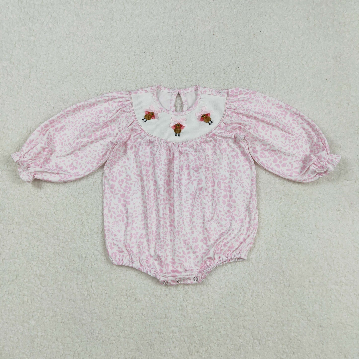 Baby Girl Long Sleeves Thanksgiving Embroidery turkey Pink Floral Smocked Bubble Romper RTS