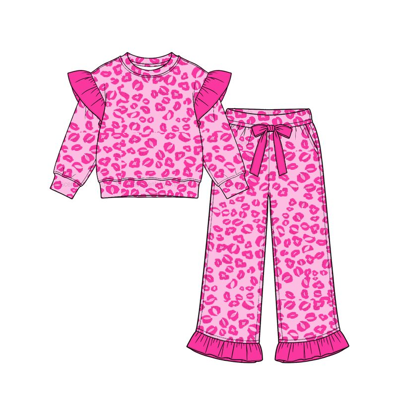 ( Moq 5 ) Preorder Baby Girls Kids Leopard Valentine Tops Pockets Pants Pink Set Clothes