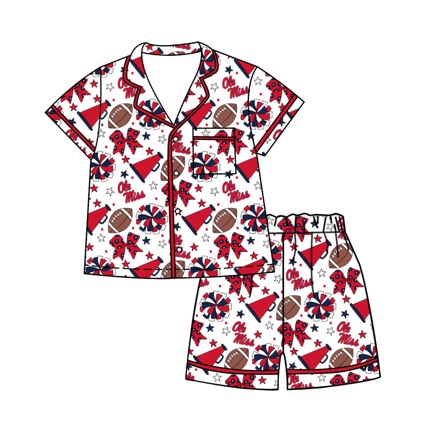 ( Moq 5 ) Baby Girls Kids Short Sleeves Stars Bows Cheer Football Shirt Shorts Pajamas Set