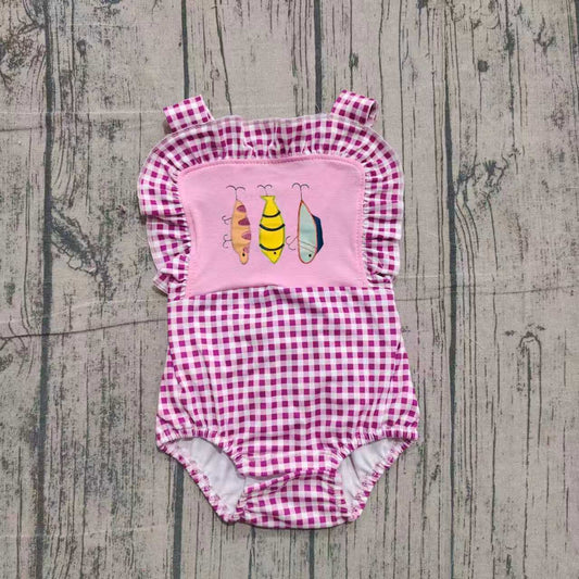 ( No moq ) Preorder Baby Girls Straps Fishing Plaid Ruffle Bubble Romper